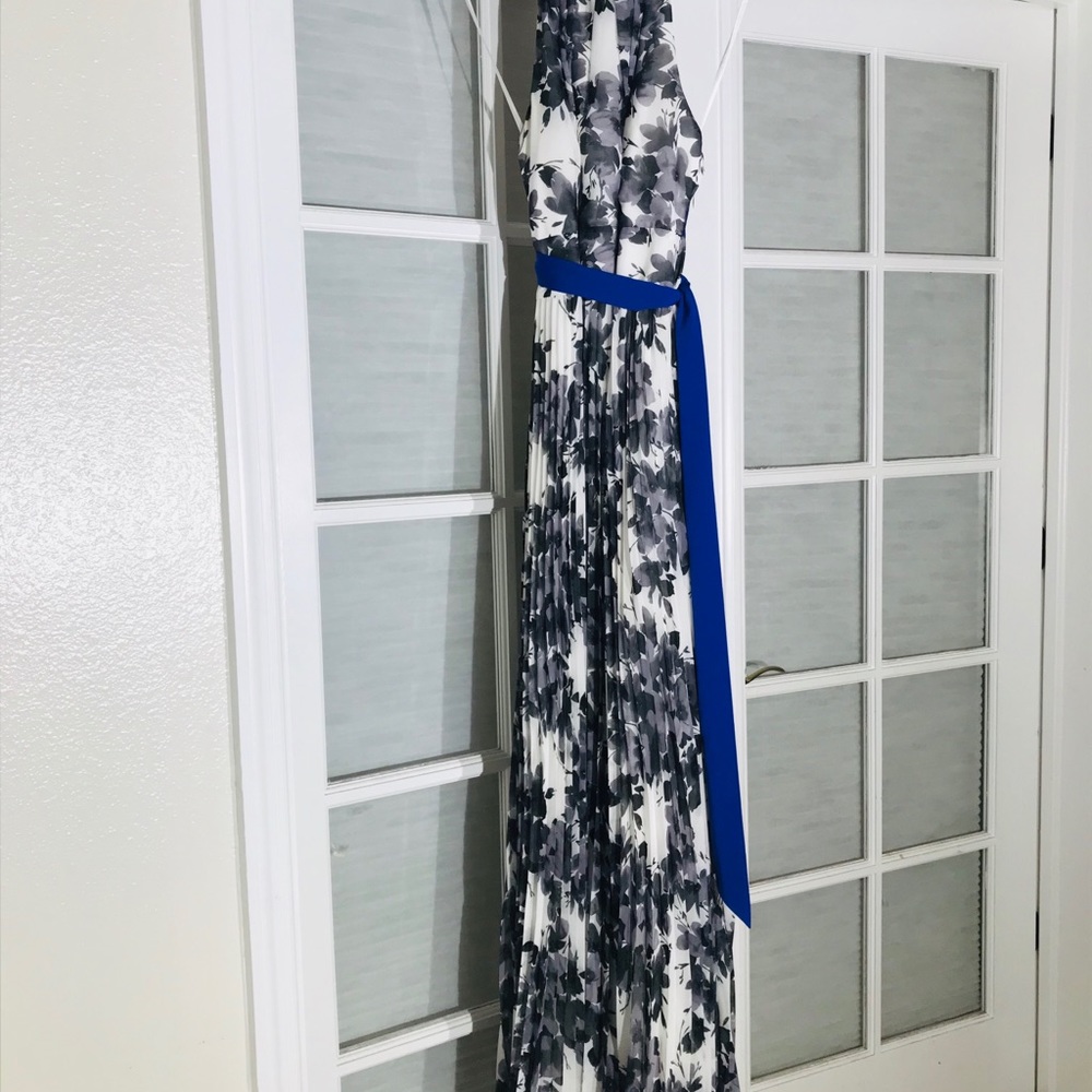 Eliza J pleated, halter maxi w/ blue sash $50